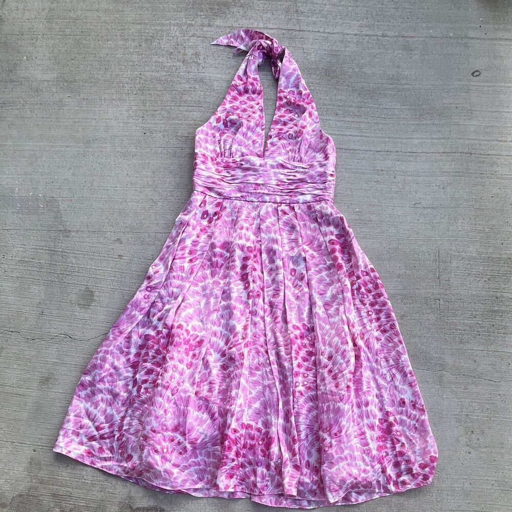 Adrianna Papell Pink Silk Chiffon Halter Dress Womens 4 Sequin Wedding Cocktail